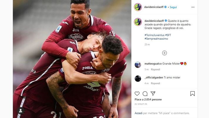 Torino-Juventus 2-2, Nicola sui social: “Orgoglioso di voi” - immagine 1