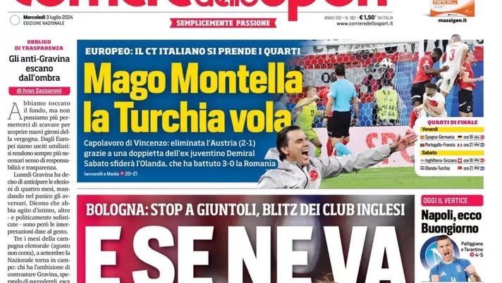 PRIMA PAGINA CORRIERE DELLO SPORT OGGI: “Napoli, ecco Buongiorno” prima pagina corriere dello sport oggi