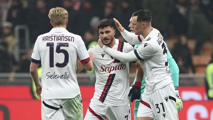 MILAN, ITALY - JANUARY 27: Riccardo Orsolini (C), Sam Beukema (R) and Victor Kristiansen (L) of Bologna FC at the end of the Serie A TIM match between AC Milan and Bologna FC - Serie A TIM  at Stadio Giuseppe Meazza on January 27, 2024 in Milan, Italy. (Photo by Marco Luzzani/Getty Images)  Orsolini Milan