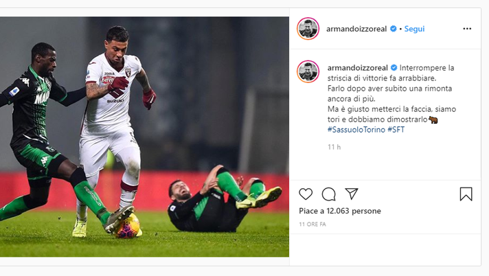 Sassuolo-Torino 2-1, i giocatori sui social: “Interrompere la striscia di vittorie fa arrabbiare”- immagine 1