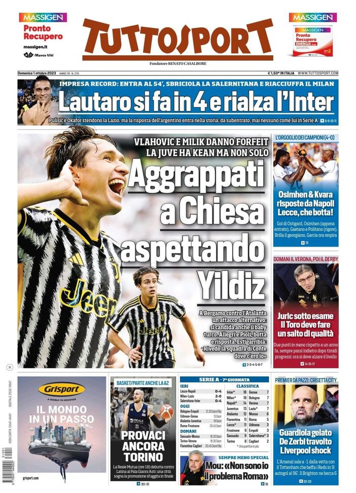 Prima pagina di Tuttosport 01-10-2023