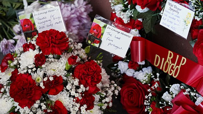 Tributes at Anfield Stadium, home of Liverpool, in memory of Diogo Jota who has died at the age of 28. The Portugal forward died along with his younger brother Andre Silva in the accident in Zamora on Thursday morning. Picture date: Thursday July 3, 2025. (Photo by Peter Byrne/PA Images via Getty Images) diogo Jota