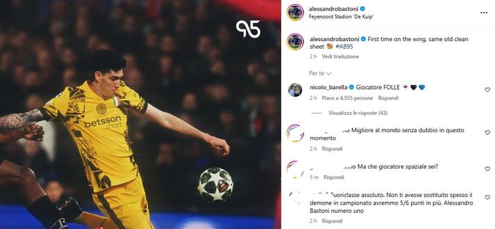 Feyenoord-Inter, Barella certifica sui social la partita di Bastoni: “Giocatore folle”- immagine 3
