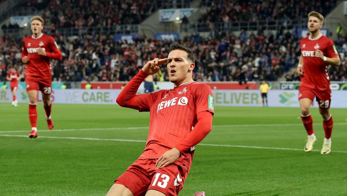 HEIDENHEIM, GERMANY - SEPTEMBER 27: Said El Mala of 1.FC Koln celebrates scoring his team's first goal during the Bundesliga match between TSG Hoffenheim and 1. FC Köln at PreZero-Arena on October 03, 2025 in Sinsheim, Germany. (Photo by Alexander Hassenstein/Getty Images) Calciomercato Roma, occhi su El Mala: attaccante classe 2006 del Colonia - immagine 1