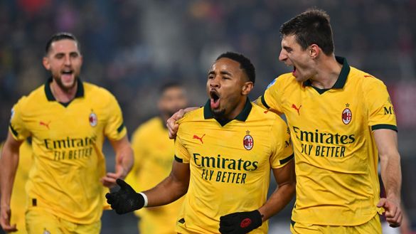 BOLOGNA, ITALY - FEBRUARY 03: Christopher Nkunku of AC Milan celebrates after scoring his team second goal during the Serie A match between Bologna FC 1909 and AC Milan at Renato Dall'Ara Stadium on February 03, 2026 in Bologna, Italy. (Photo by Alessandro Sabattini/Getty Images)