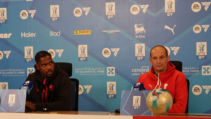 CAIRATE, ITALY - DECEMBER 17: Head coach AC Milan Massimiliano Allegri and Mike Maignan of AC Milan speak with the media during press conference on December 17, 2025 in Riyadh, Saudi Arabia. (Photo by Claudio Villa/AC Milan via Getty Images) massimiliano-allegri-conferenza-stampa-napoli-milan-supercoppa-italiana-tv-diretta-live-news-dichiarazioni-foto-frasi-parole
