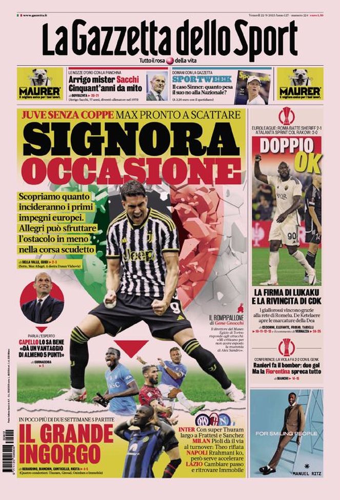 La prima pagina de La Gazzetta dello Sport 22-09-2023