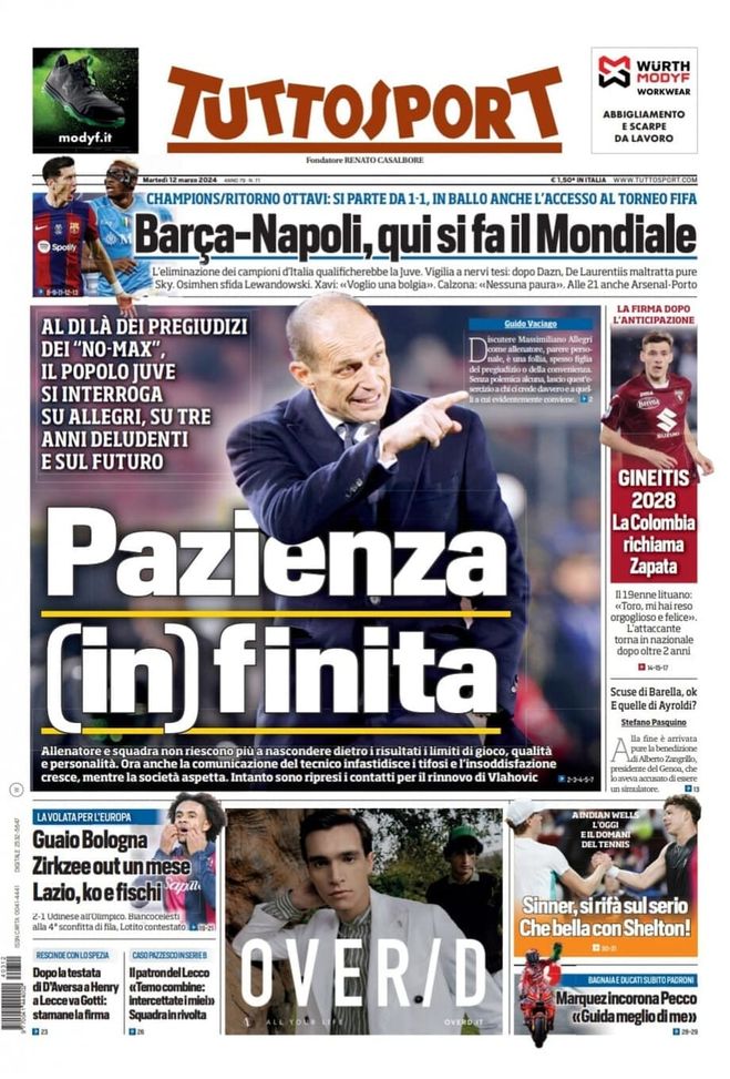 Prima Pagina Tuttosport: "Juventus, Con Allegri Pazienza (in)finita ...