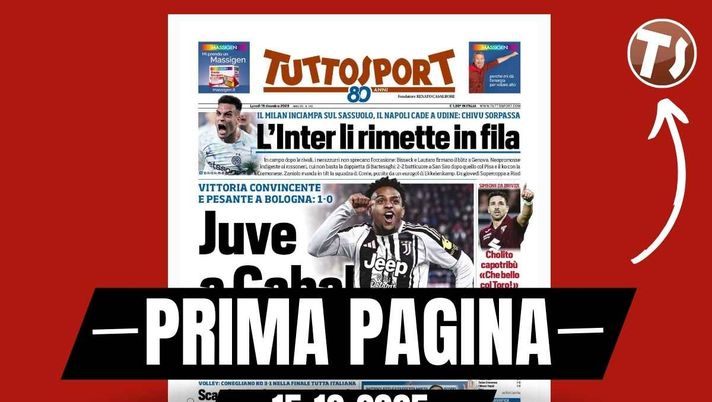 Tuttosport, la prima pagina di oggi, lunedì 15 dicembre 2025 Prima pagina Tuttosport: 'Il Milan inciampa sul Sassuolo: non basta la doppietta di Bartesaghi'