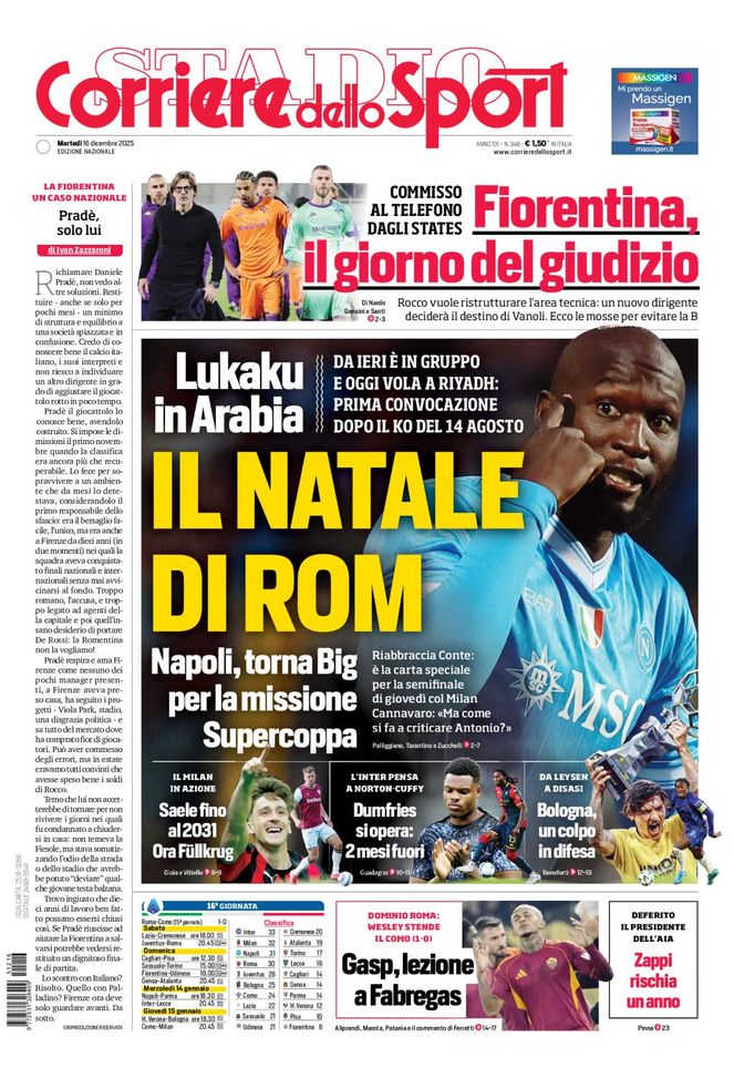 Il Corriere dello Sport, la prima pagina di oggi, martedì 16 dicembre 2025 Il Corriere dello Sport