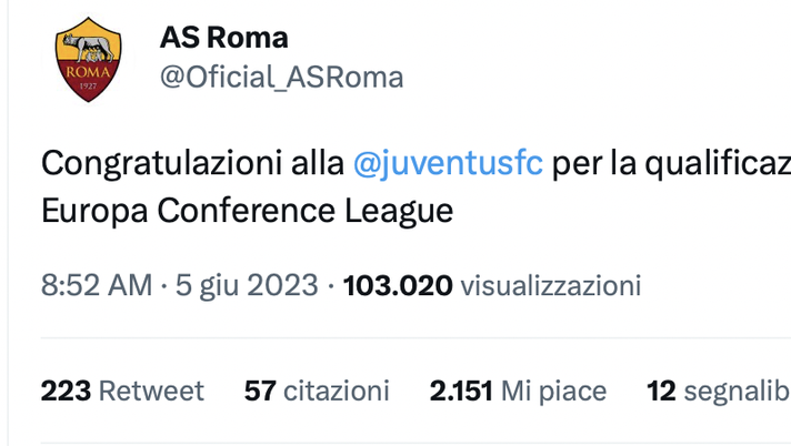 “Congratulazioni per la Conference”, il fake della Roma fa infuriare gli juventini “Congratulazioni per la Conference”, il fake della Roma fa infuriare gli juventini - immagine 1
