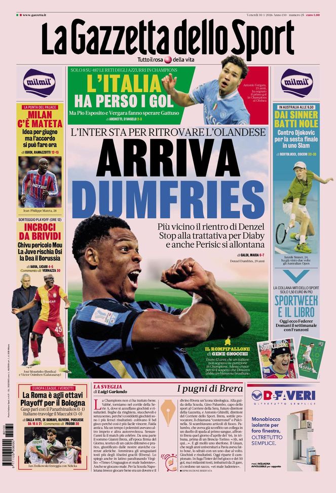 La Gazzetta dello Sport, la prima pagina di oggi, venerdì 30 gennaio 2026 La Gazzetta dello Sport