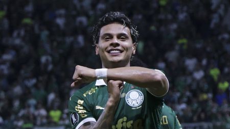 SAO PAULO, BRAZIL - MAY 15: Richard Rios of Palmeiras celebrates after scoring the first goal of his team during a Group F match between Palmeiras and Independiente del Valle as part of Copa CONMEBOL Libertadores 2024 at Allianz Parque on May 15, 2024 in Sao Paulo, Brazil. (Photo by Alexandre Schneider/Getty Images)