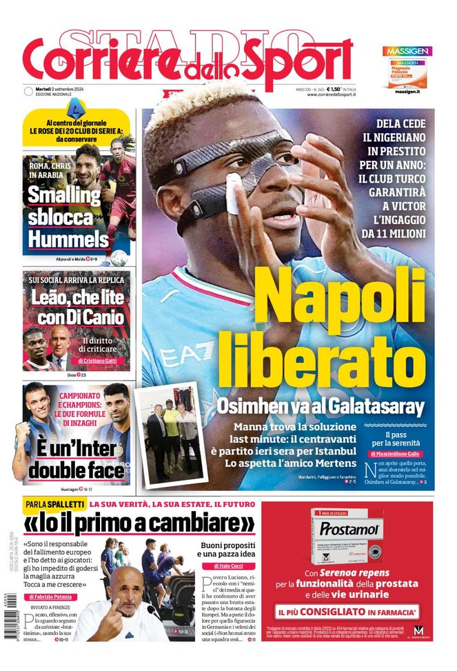 Il Corriere dello Sport, la prima pagina di oggi, martedì 3 settembre 2024 Il Corriere dello Sport