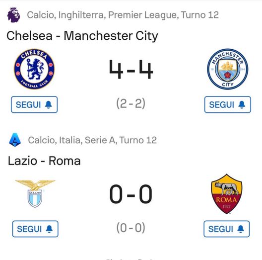 Lazio-Roma 0-0, Chelsea-Manchester City 4-4. Screen Diretta Lazio-Roma 0-0, Chelsea-Manchester City 4-4