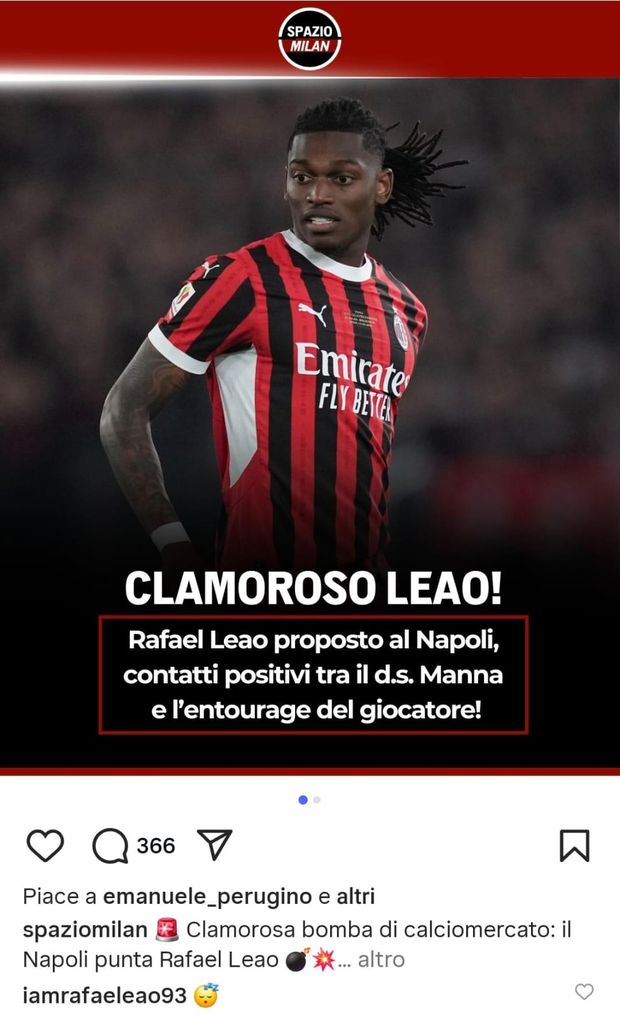 Leao sbuffa sui social: “Che noia…” in merito alle voci di cessione- immagine 2