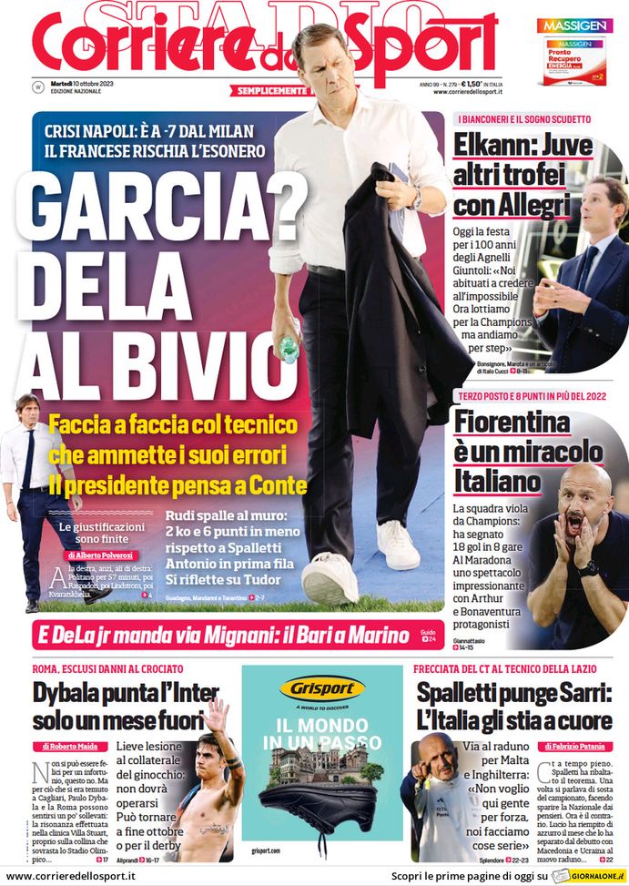 Il Corriere dello Sport, la prima pagina di oggi, martedì 10 ottobre 2023 Il Corriere dello Sport
