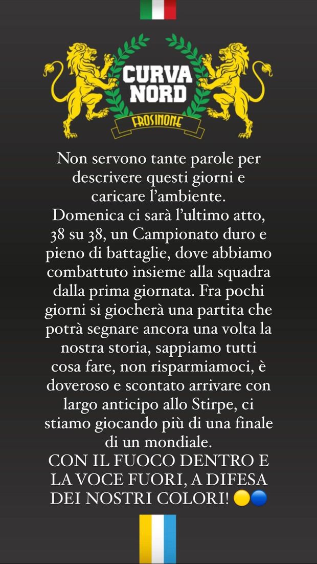 Frosinone, la Curva Nord: “Ci stiamo giocando più di una finale di un mondiale”- immagine 2
