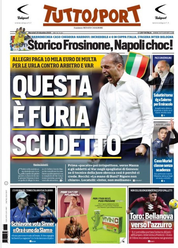 EDICOLA / TS: Allegri, 10mila di multa. Questa è furia scudetto. Stasera Inter-Bologna - immagine 1