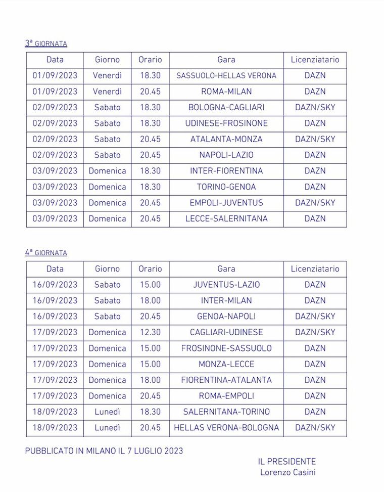 Serie A, date e orari dalla 1a alla 4a: esordio Inter il 19, derby di sabato alle 18- immagine 3