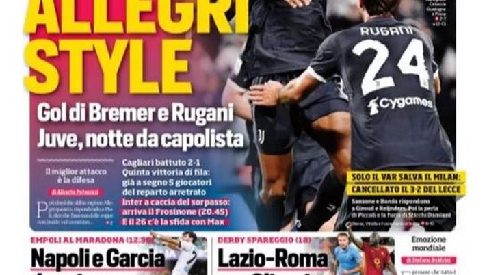 EDICOLA CDS – Allegri style: Juve, notte da capolista. Inter a caccia del sorpasso - immagine 1