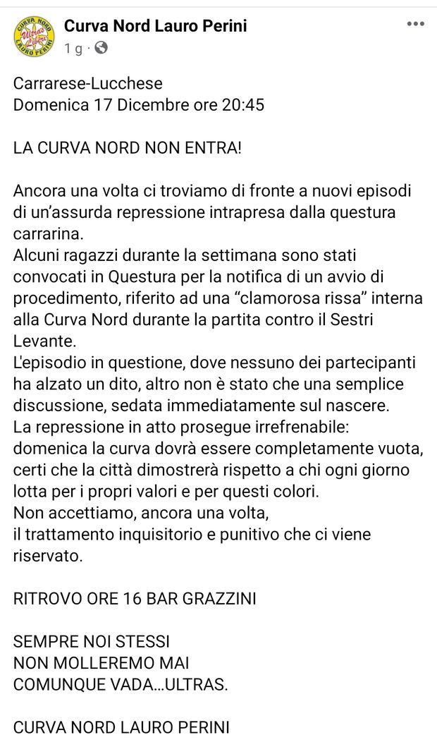 “Ci reprimono”: la curva della Carrarese diserta il derby di Lucca- immagine 2