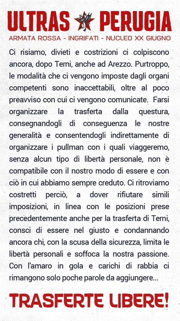 Derby dell’Etruria, i tifosi perugini non vanno ad Arezzo: “Imposizioni inaccettabili”- immagine 2