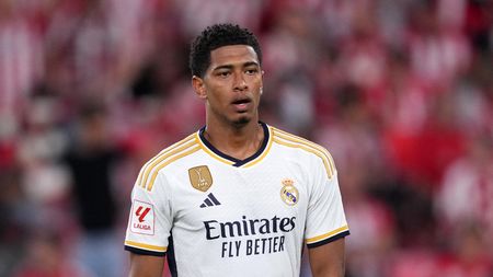BILBAO, SPAIN - AUGUST 12: Jude Bellingham of Real Madrid looks on during the LaLiga EA Sports match between Athletic Club and Real Madrid CF at Estadio de San Mames on August 12, 2023 in Bilbao, Spain. (Photo by Juan Manuel Serrano Arce/Getty Images)