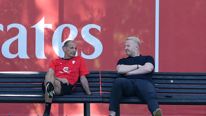 CAIRATE, ITALY - JULY 11: Head coach AC Milan Massimiliano Allegri and sporting director AC Milan Igli Tare look on during AC Milan medical tests at Milanello sports center on July 11, 2025 in Milan, Italy. (Photo by Claudio Villa/AC Milan via Getty Images)  Tare