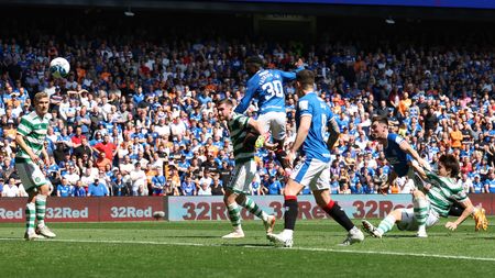 GLASGOW, SCOTLAND - MAY 13: John Souttar of Rangers FC scores the team's second goal during the Cinch Premiership match between Rangers and Celtic at Ibrox Stadium on May 13, 2023 in Glasgow, Scotland. (Photo by Ian MacNicol/Getty Images)