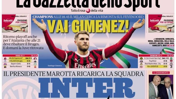 PRIMA PAGINA GAZZETTA DELLO SPORT OGGI: “Inzaghi al rinnovo, ci metto la firma”