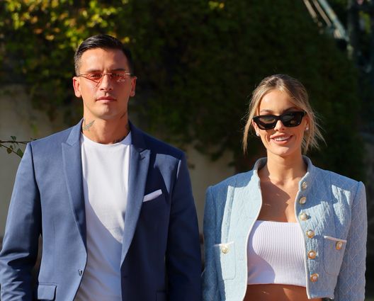 VENICE, ITALY - SEPTEMBER 08: Alessandro Basciano and Sophie Codegoni arrive at the Hotel Excelsior pier for the 80th Venice International Film Festival 2023 on September 08, 2023 in Venice, Italy. (Photo by Victor Boyko/Getty Images)
