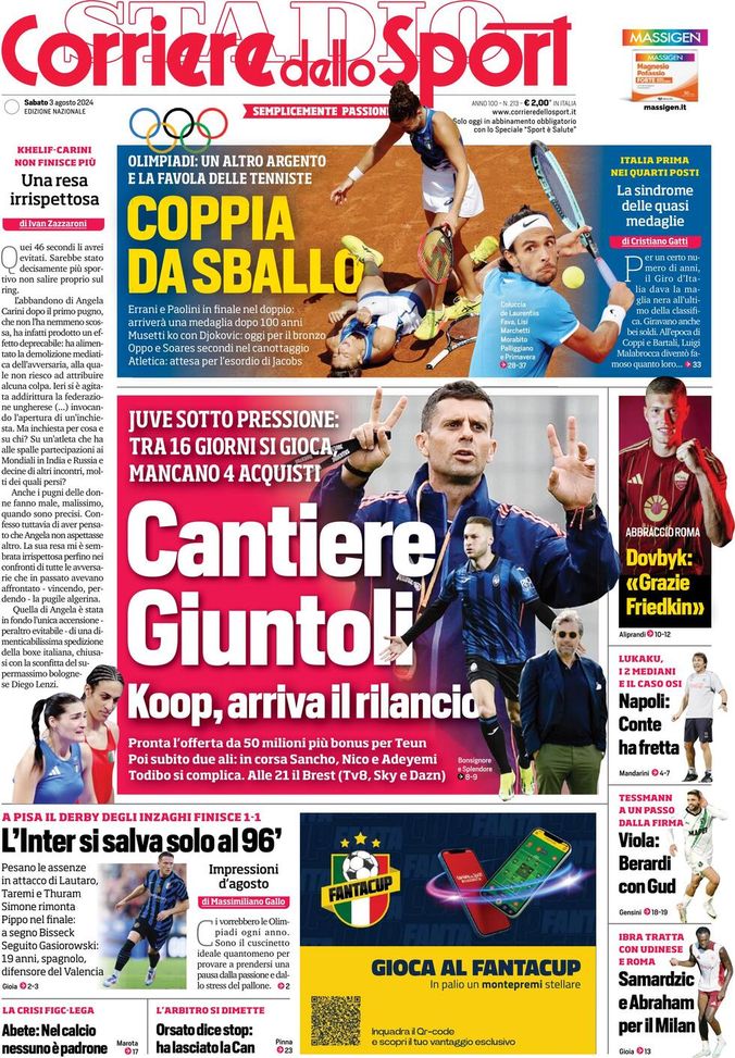 Il Corriere dello Sport, la prima pagina di oggi, sabato 3 agosto 2024 Il Corriere dello Sport
