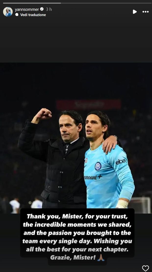 Anche Sommer saluta Inzaghi: “Grazie per la fiducia e la passione che ci hai trasmesso. In bocca al lupo”- immagine 3