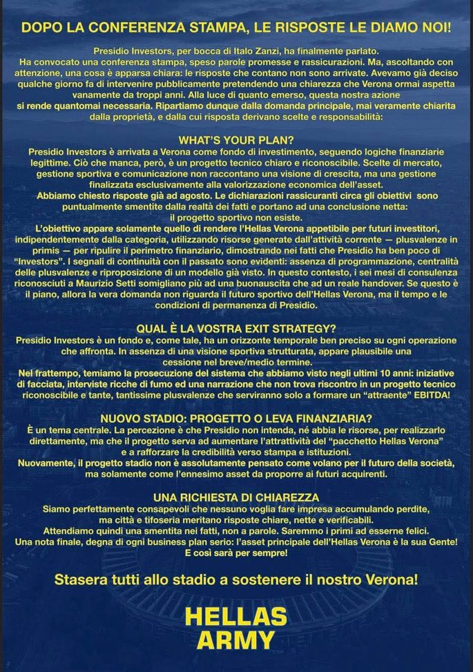 Verona, la curva: “Da Presidio nessuna risposta che conta, non esiste un progetto sportivo”- immagine 2