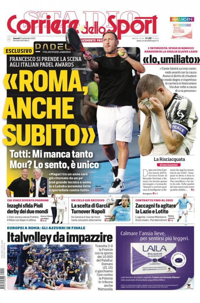 Il Corriere dello Sport, la prima pagina di oggi, venerdì 15 settembre 2023 Il Corriere dello Sport