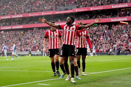BILBAO, SPAIN - APRIL 15: Inaki Williams of Athletic Club celebrates after scoring the team's second goal during the LaLiga Santander match between Athletic Club and Real Sociedad at San Mames Stadium on April 15, 2023 in Bilbao, Spain. (Photo by Juan Manuel Serrano Arce/Getty Images) Valencia Athletic Bilbao