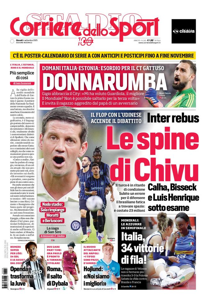 Il Corriere dello Sport, la prima pagina di oggi, giovedì 4 settembre 2025 Il Corriere dello Sport