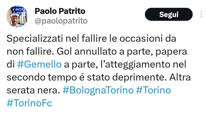 Bologna-Torino 2-0, le reazioni social: “Il Toro fallisce quando non deve” - immagine 1
