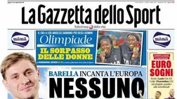 PRIMA PAGINA GAZZETTA DELLO SPORT OGGI: “Barella incanta l’Europa”