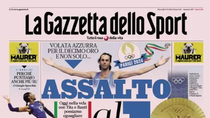 PRIMA PAGINA DELLA GAZZETTA DELLO SPORT OGGI: “Volata azzurra per il decimo oro” PRIMA PAGINA DELLA GAZZETTA DELLO SPORT OGGI: “Volata azzurra per il decimo oro” - immagine 1