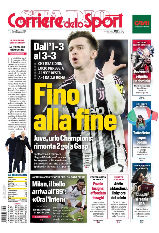 Il Corriere dello Sport, la prima pagina di oggi, lunedì 2 marzo 2026 Il Corriere dello Sport