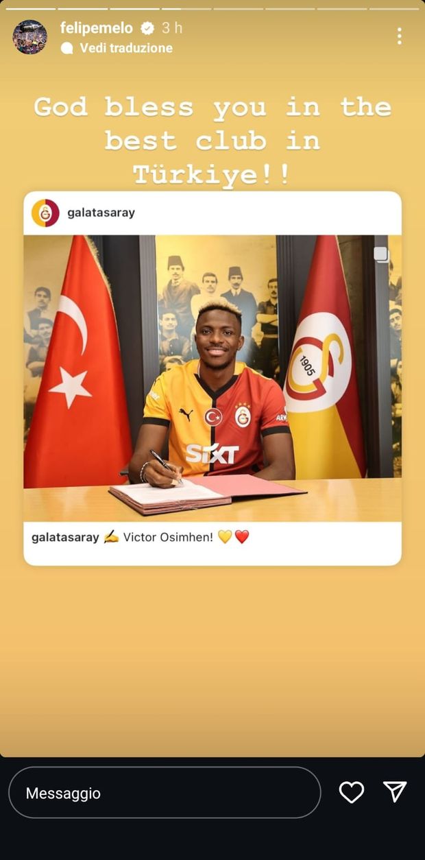 Osimhen, il messaggio di Felipe Melo per il nuovo acquisto del Galatasaray- immagine 2