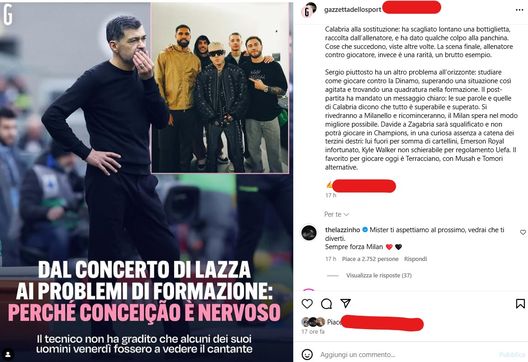Calabria e co. al concerto di Lazza, Conceiçao non apprezza. Il cantante scrive al tecnico- immagine 2