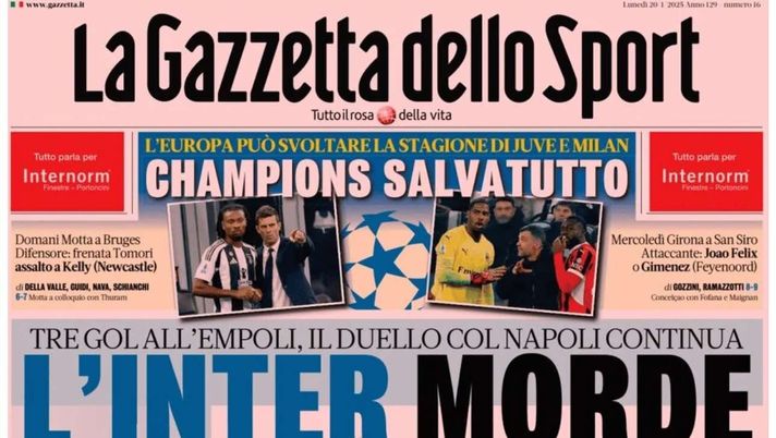 PRIMA PAGINA GAZZETTA DELLO SPORT OGGI: “Inzaghi al rinnovo, ci metto la firma”