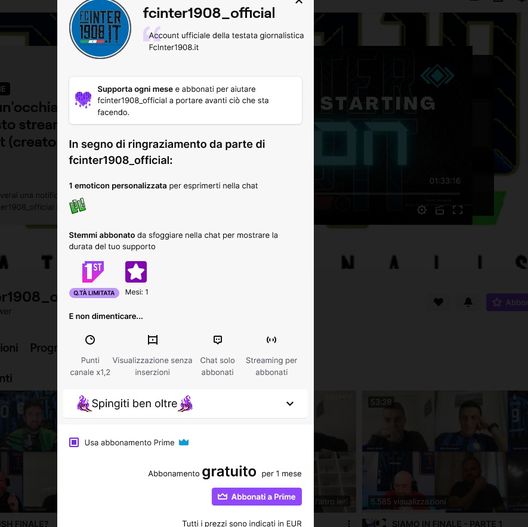 Twitch, come abbonarsi al canale di Fcinter1908 GRATUITAMENTE: tutti i veloci passaggi- immagine 4