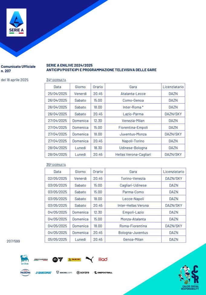 Milan, Serie A: date e orari ufficiali della 34′ e 35′ Giornata- immagine 2