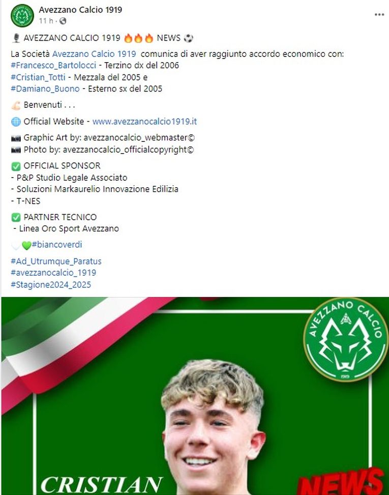 L'annuncio dell'Avezzano sulla sua pagina Facebook  Il figlio di Totti e Ilary giocherà in Serie D, nell’Avezzano- immagine 2