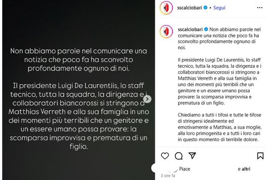 Bari in lutto, tragedia per Matthias Verreth: morto il figlio di un anno- immagine 2