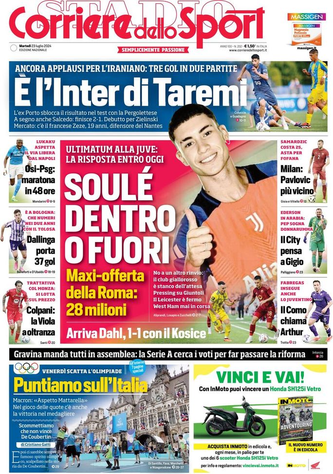 Il Corriere dello Sport, la prima pagina di oggi, martedì 23 luglio 2024